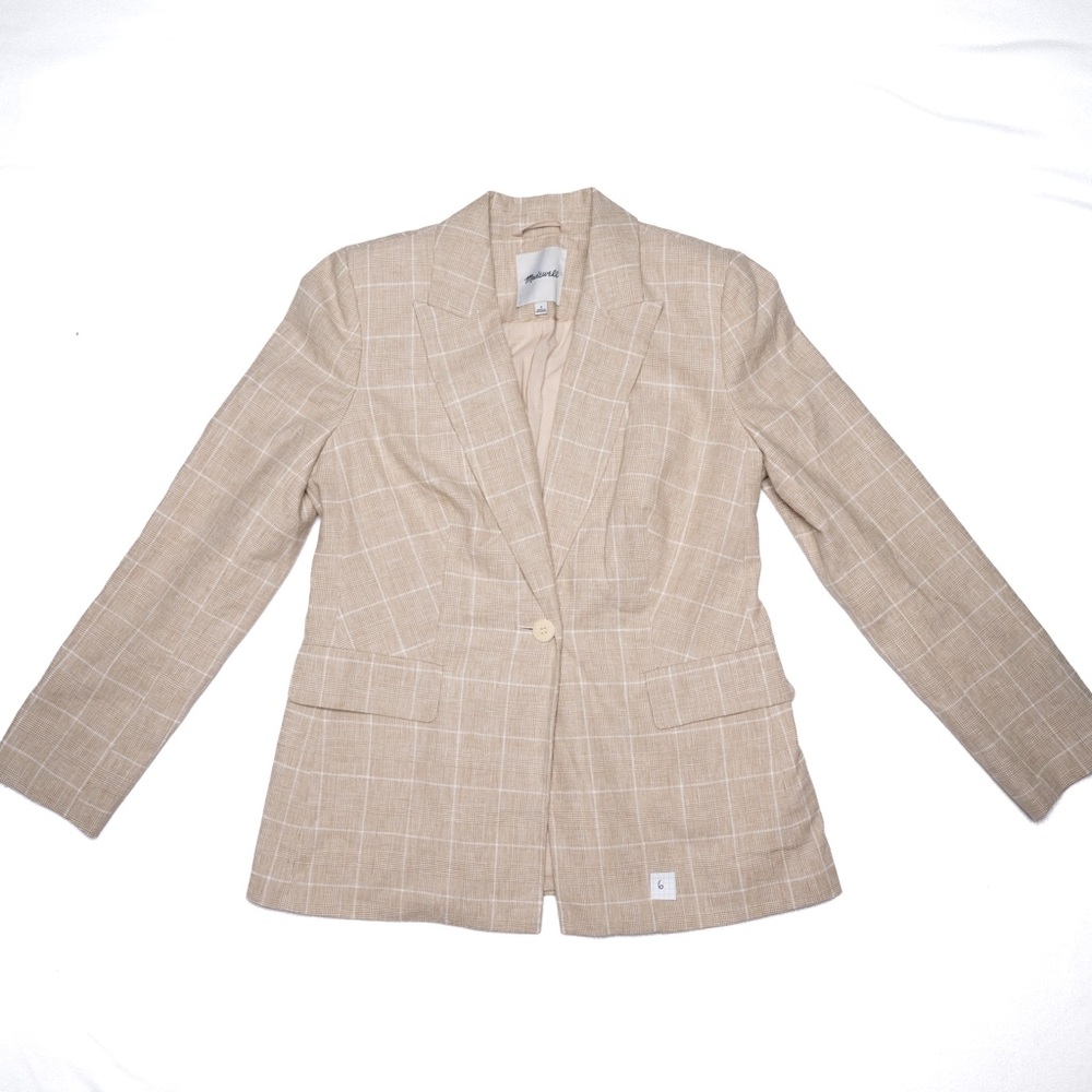 Madewell Linen/Cotton Blend Tan Plaid‎ Slim Fit Blazer, Women’s Size 6, EUC